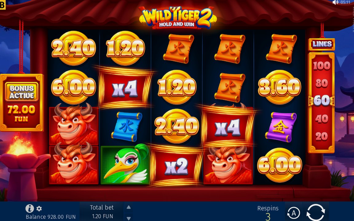 Hold and Win respins with multiplier tiles on screen