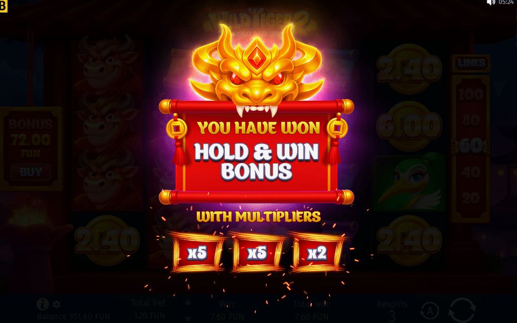 Hold and Win round with coins held in place