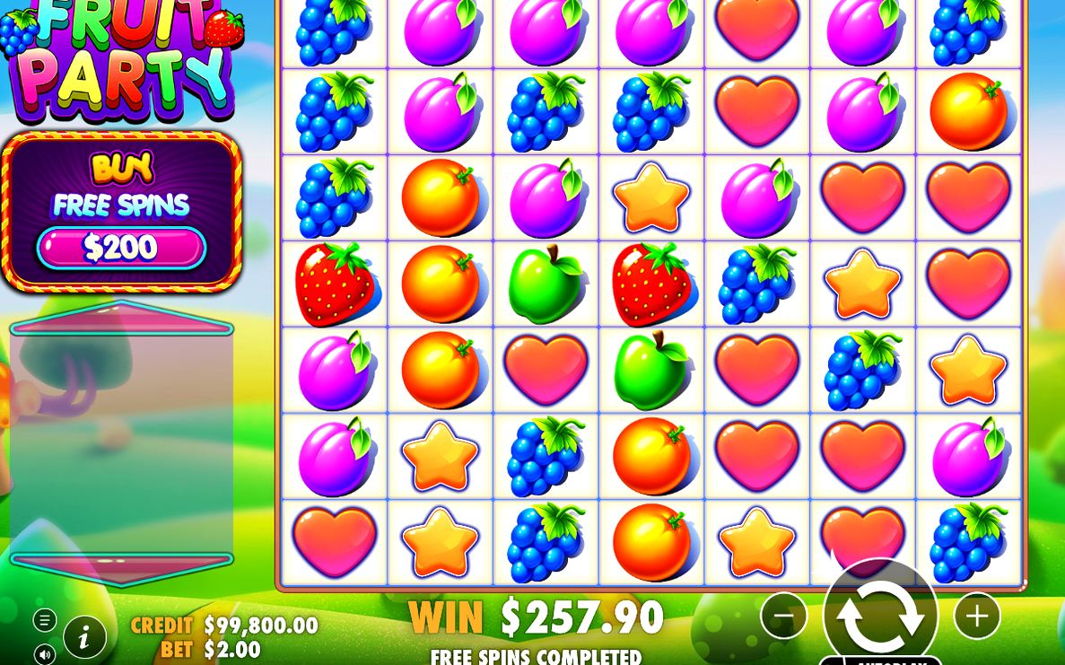 Win screen after a cluster pays on the 7x7 grid